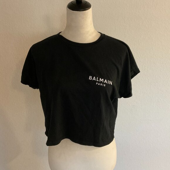 Balmain Tops - Cropped eco-designed cotton T-shirt with small flocked Balmain logo